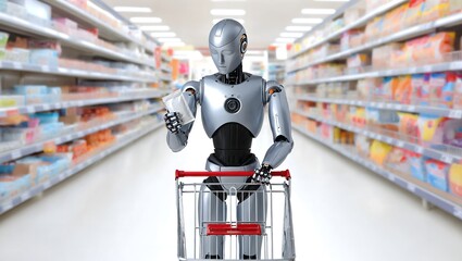 The concept of AI in retail, a silver and black cyborg autonomously shops for food in a brightly lit grocery store, a cinematic and 4K ultra-detailed render of future technology.