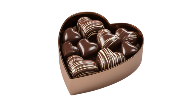 Heartshaped box filled with assorted chocolate candies isolated on transparent background