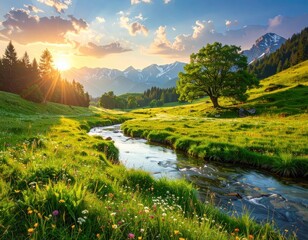 A serene valley scene at sunset, showcasing a crystal-clear stream winding through lush green meadows and towering mountains.