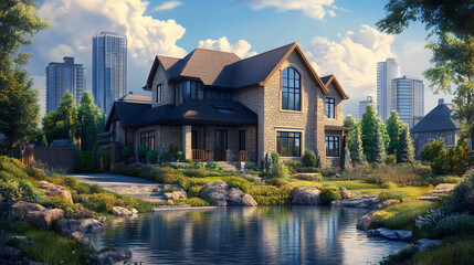 Fototapeta premium Luxurious stone house by a pond city skyline view beautiful landscaping