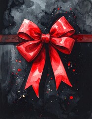 Minimalist gift card wishes merry christmas background with red ribbon bow on black shiny vibrant color texture template with blank copy space, watercolor illustration