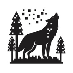 Howling Wolf Silhouette with Trees and Geometric Snow on White Background