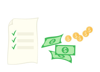 Illustration of paper checklist with cash and coins, concept of financial planning and budget management.