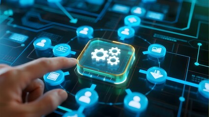 Hand interacting with a digital interface featuring gear icons and network connections