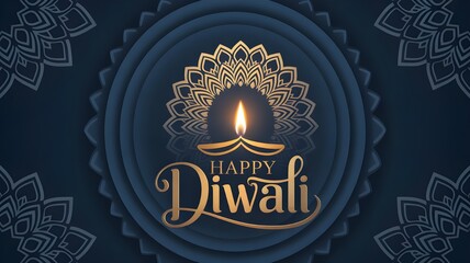 Elegant happy diwali greeting card design with glowing diya and intricate mandala pattern festive indian celebration