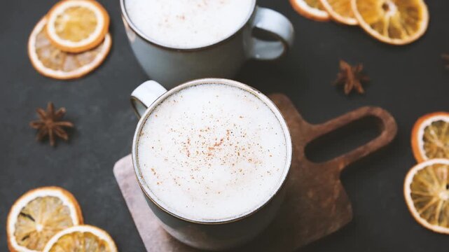 Two cups of creamy warm beverage with cinnamon and orange slices, star anise spice