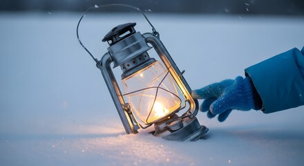 Glowing lantern in snow with gloved hand winter light