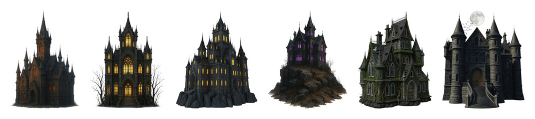 Fototapeta premium Gothic castle set including dark fortresses, haunted mansions, and medieval strongholds with glowing windows isolated. Fantasy and Halloween architecture collection.