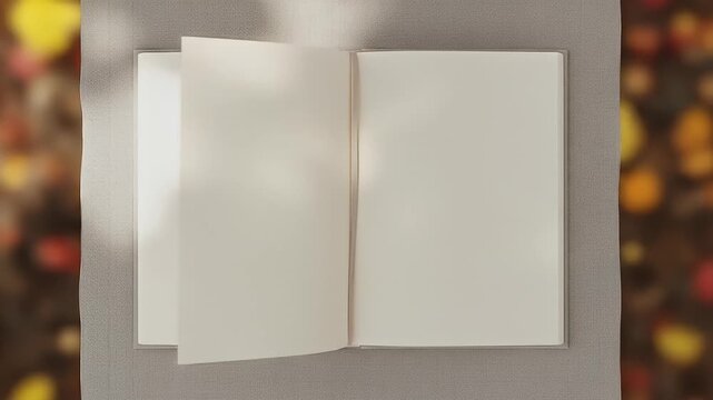 An open blank notebook resting on a textured surface surrounded by autumn leaves, evoking creativity