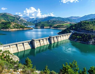 A wide, sweeping view of a massive concrete dam spanning a vibrant reservoir nestled within a landscape of lush greenery and rolling hills.