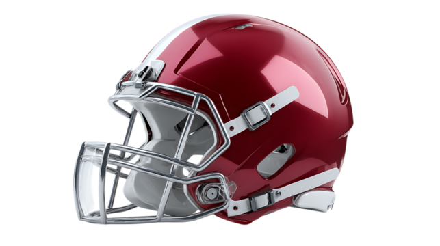 Red football helmet isolated on transparent background for protection and sport