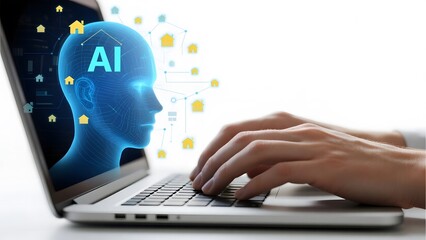Person typing on a laptop with an AI-themed screen displaying a human head silhouette and connected icons.