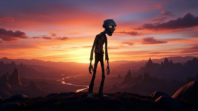 A solitary, stylized zombie stands against a vibrant sunset in a dramatic mountain landscape