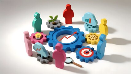 Colorful figurines and gears symbolizing teamwork and strategy in a business context