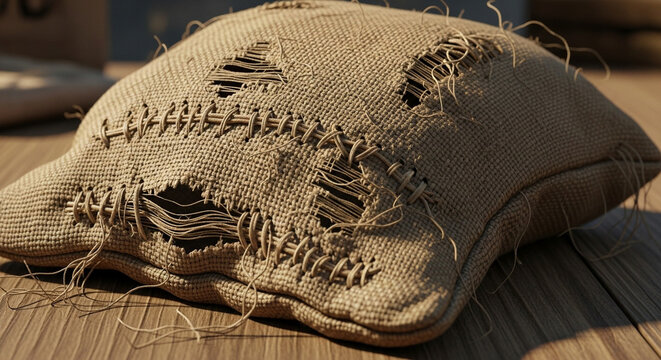 A close-up of a tattered and torn burlap cushion showing crude, hand-stitched repairs on a wooden surface.