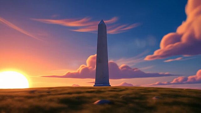 Majestic sunset behind an obelisk on a grassy hill, with colorful clouds in the sky