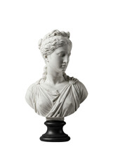 Obraz premium Luxury white marble classical female bust with intricate drapery and detailed updo on a dark matte plinth, small polished river stone, transparent seamless studio background, timeless elegance