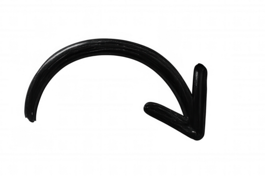 Thick, black, hand-drawn arrow pointing downwards, isolated on a transparent background, perfect for digital design and web projects