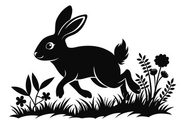 Leaping Bunny Silhouette With Flowers And Grass On White Background