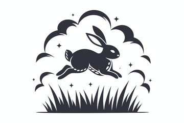 Leaping Hare on White Background, stylized stars and grass