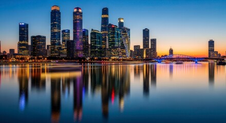 Fototapeta premium Vibrant Moscow City Skyline Reflected at Twilight with Purple-Lit Skyscraper and Boat Trails