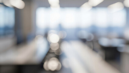 Blurred office interior with desks, chairs, and lights creating a bokeh effect, presenting a stylish corporate workspace filled with subtle warm reflections.