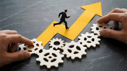 A miniature figure runs along a yellow upward arrow supported by interlocking gears, symbolizing business growth and teamwork.