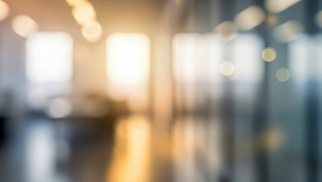 Blurred office interior with windows and lights creating a bokeh effect, adding a dreamy ambience that suggests creativity and modern professional spaces.