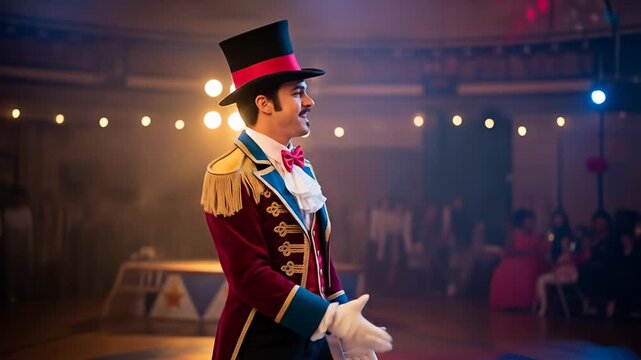 A charismatic ringmaster in a vibrant circus setting, engaging the audience with lively performance