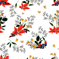 Autumn berry mood. Seamless pattern with berries and leaves on a white background.