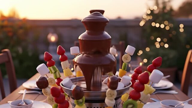 Elegant chocolate fountain centerpiece at a sunset gathering, surrounded by colorful fruit skewers