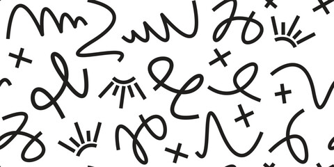 Seamless black doodle pattern on white background with abstract sketch lines and fun scribbles. Modern hand-drawn texture for fabric, wallpaper, and wrapping design. Minimal stylish artwork.