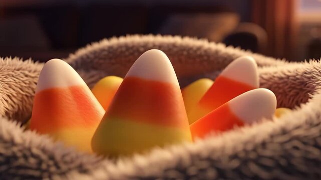 Colorful candy corn nestled in a cozy blanket, evoking a warm, festive atmosphere indoors