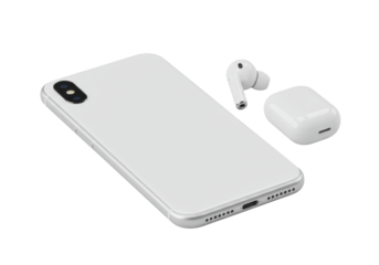 Sleek matte white smartphone angled 45 degrees, clean screen reflecting studio light, beside matching minimalist earbud, isolated on transparent background, high-end product photography concept.