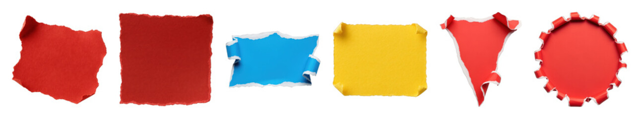 Torn paper set including red, blue, and yellow abstract shapes with ripped edges isolated. Graphic design elements and frames.