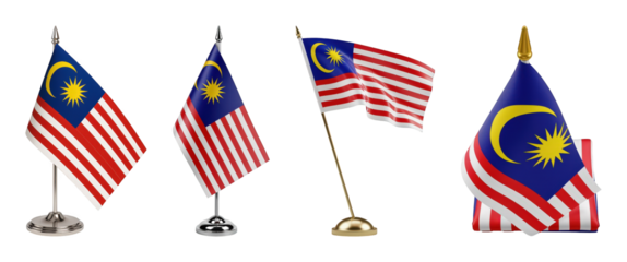 Malaysian flag set including desktop stand, waving, and folded options isolated. National symbol and patriotic representation.