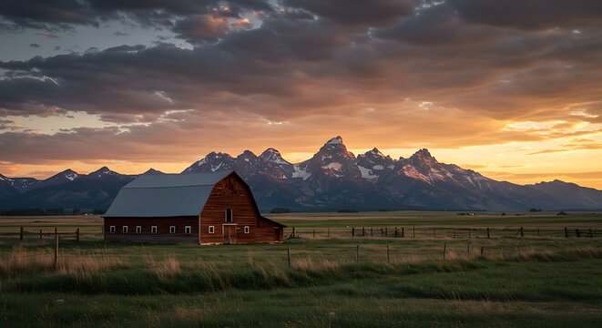 Iconic Red Barn at Sunset with Grand Teton Mountains Backdrop - Powered by Adobe