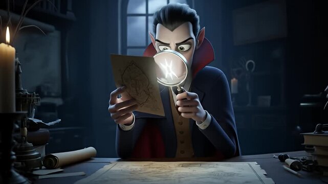 A vampire examines an ancient map under a magnifying glass in a dimly lit study