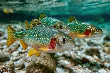 Colorful freshwater fish swimming underwater in clear aquatic habitat