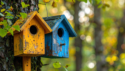 Yellow and blue bird houses on tree