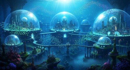 Futuristic underwater city with glowing domes, coral structures, and schools of fish