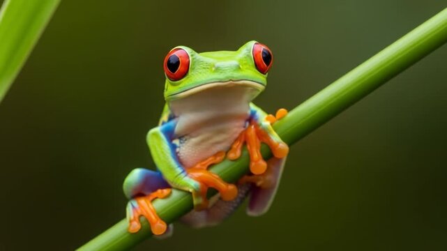 Vibrant Red-Eyed Tree Frog Perched on a Green Branch.