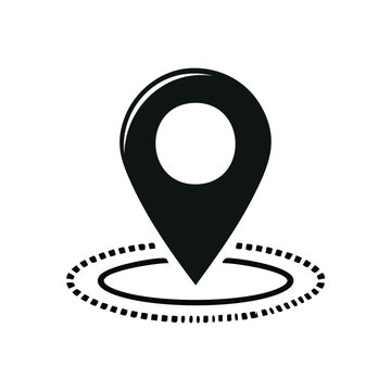 Black location pin icon with a dotted circle around it, indicating a specific geographic point.