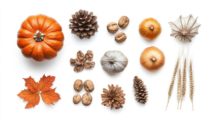 Autumn harvest gourds nuts pinecones wheat leaf