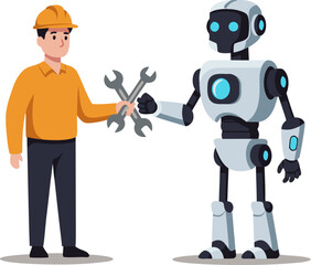Naklejka premium A person hands over tools to work, symbolizing the replacement of human labor with code and automation. This is a concept of the future, technology, artificial intelligence, and robotics.