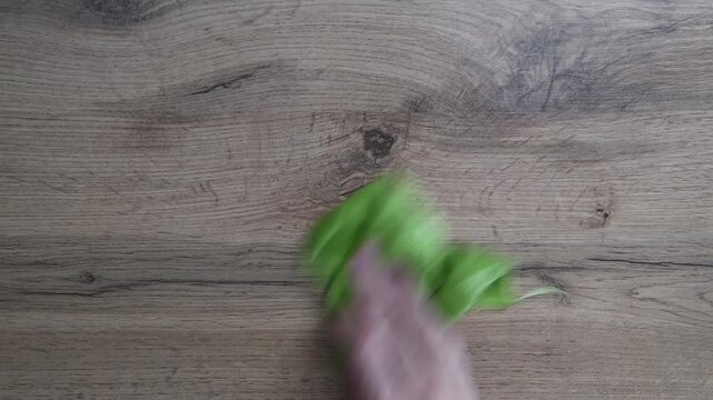 Wooden table surface receiving thorough cleaning with green cloth, hands wiping away dust and potential germs during household maintenance