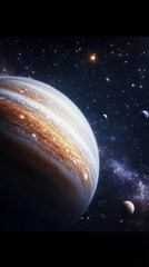 Majestic Jupiter, a giant planet, is beautifully surrounded by a multitude of celestial wonders