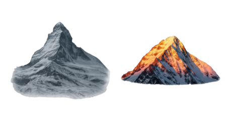 Snowy mountain peak set including one with diffuse light and one with sunrise glow isolated. Outdoor and adventure design elements.