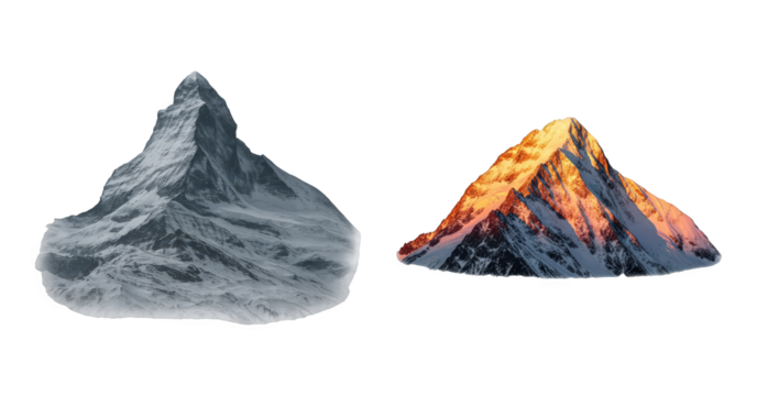 Snowy mountain peak set including one with diffuse light and one with sunrise glow isolated. Outdoor and adventure design elements.