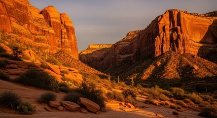 Obraz premium Dramatic Canyon Landscape: Golden Hour Light, Desert Cacti, and Rugged Terrain.